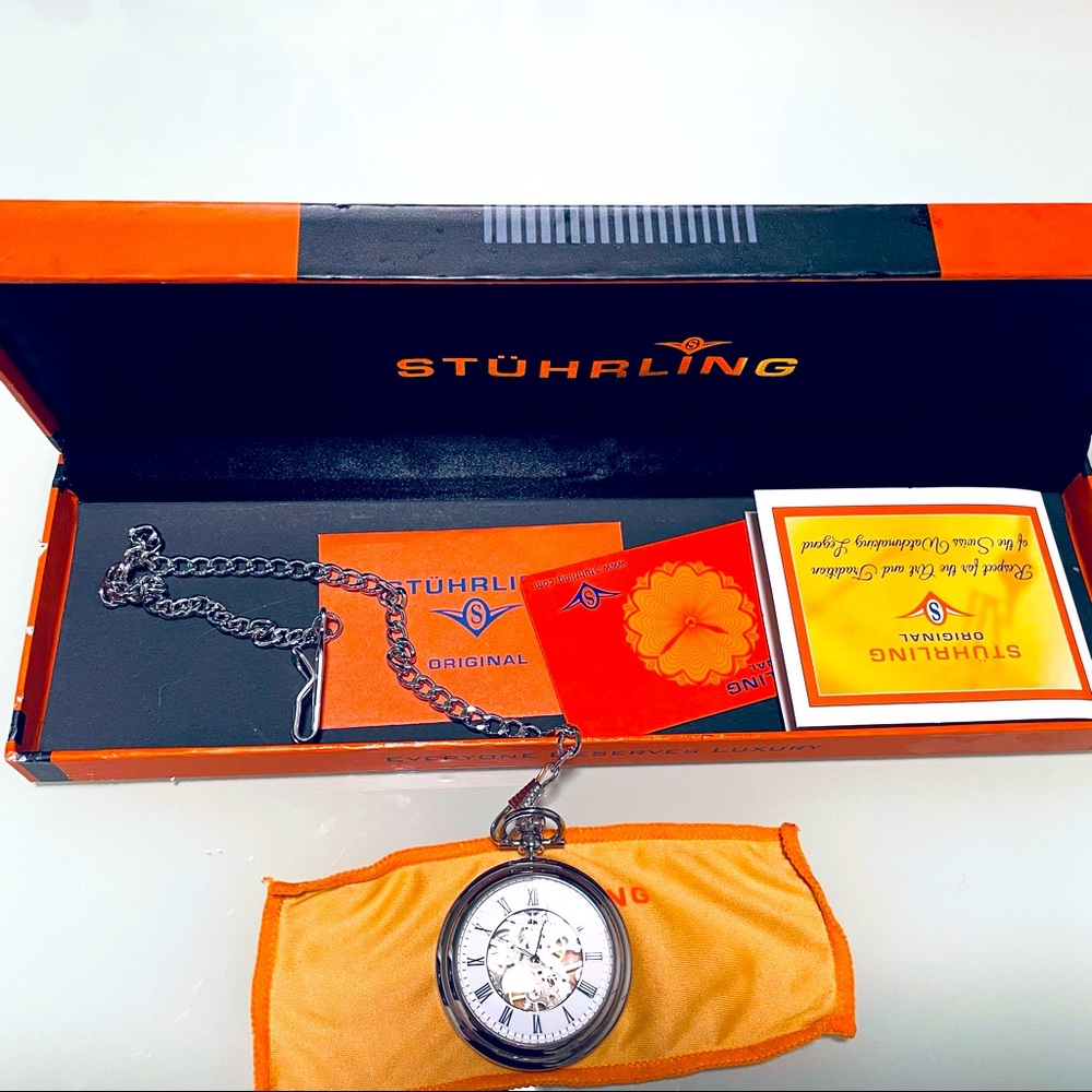 NWT Stuhrling Original Mens Vintage Mechanical Pocket Stainless Steel Wa…